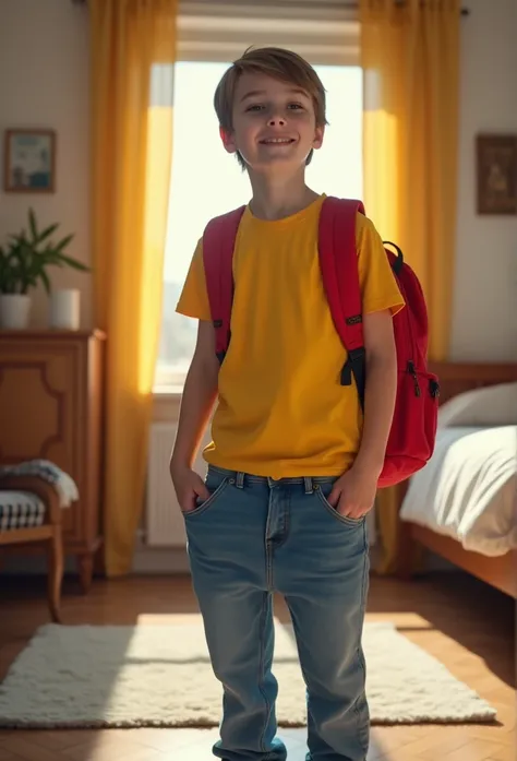  Boy comeback to home from school with yellow t-shirt, blue jeans and red school bag  and the boy removing his blue jeans in bedroom 