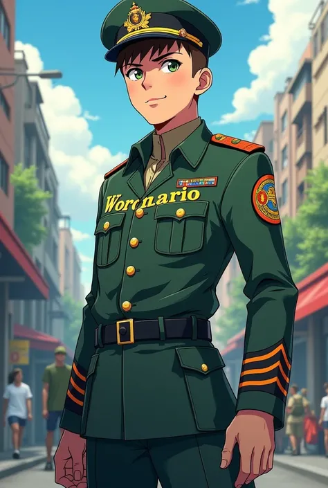 Brazilian soldier with uniform written wordnario.  in anime style. The soldier must have fair skin 