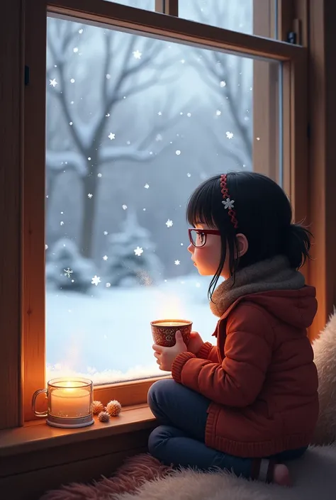 Girl with glasses and black hair looking out the window at the snow falling at Christmas with hot chocolate 