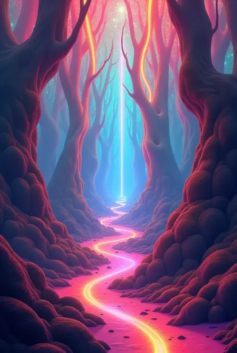 "A psychedelic landscape where colors melt into each other. Ribbons of light flow through an abstract forest with distorted shapes and impossible geometries, creating a sense of otherworldly exploration."