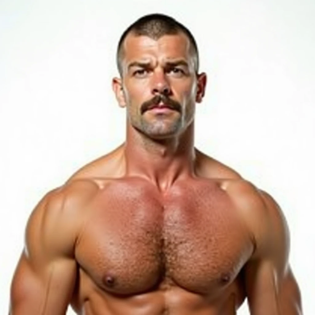 A portrait shot of a  60s style, [50]-year-old [english white male] wrestler [short buzzed hairstyle]. Handsome Looks,  white pale, chiseled jaw, strong dark moustache. He has a [fit heavyweight complexion and a serious expression]. He is [shirtless and he...