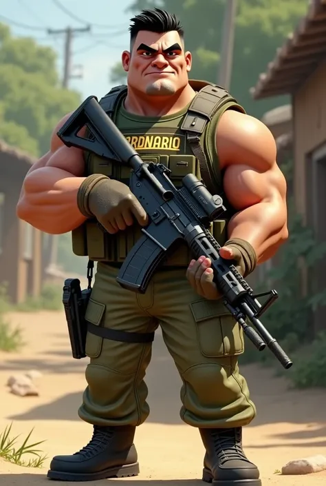 Brazilian soldier, no uniforme tem o nome wordnario. in pixar style. The soldier must have fair skin.  Soldier needs to look serious , strong, angry and fearless .  Must be holding an m4a1