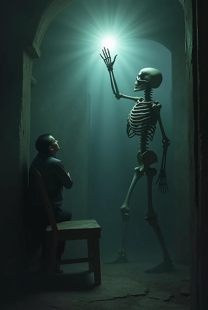  Create a scene where you can see a skeleton with a raised hand and that you see yourself in a desperate pose standing on an old wooden chair and that there is a light with flashes above it that represents an exit or salvation for the skeleton. I want the ...