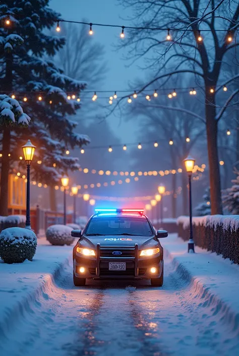 Un décor enneigé avec des illuminations et une voiture de police 