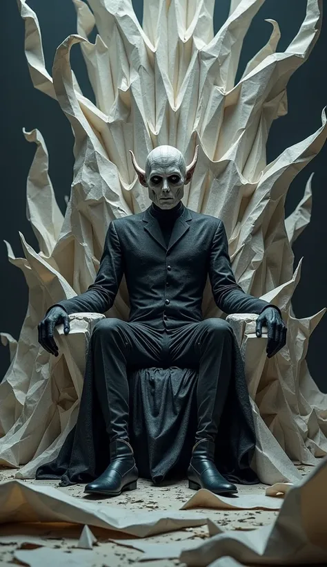 "An origami-style throne surrounded by jagged, chaotic folds representing power and corruption. The figure on the throne has sharp, angular features, symbolizing psychopathy and dominance."

