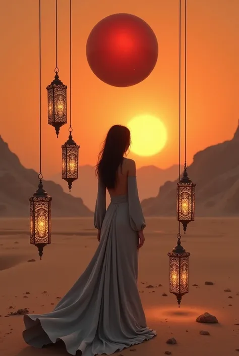  The image is a digital painting of a woman standing in a desert landscape .  The woman is wearing a gray dress flowing with a high neckline showing the back and long sleeves.  she has her back to the observer .  The sky is a deep orange color , And the su...