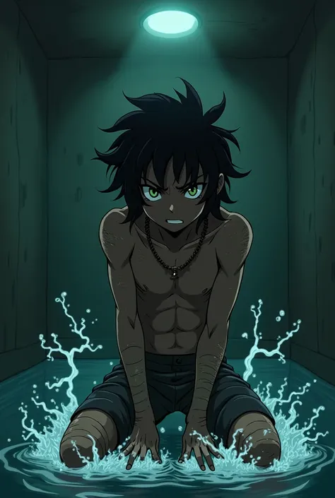  Black-skinned adolescent boy anime the boy has black skin large dread hair ,  kneeling on the floor totally serious and angry expression ,  shiny green eyes ,  big dread hair mens stylish black , bandaged body and ripped pants , trapped by currents all ov...