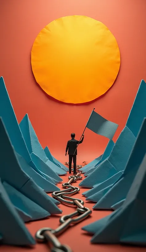 "An origami scene of a rising sun over a folded landscape, with chains breaking apart in the foreground. A solitary figure stands in the center, holding a flag symbolizing private property and freedom."