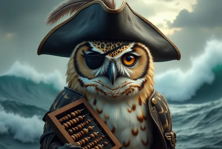 A Owl with pirates cap, eye band and abacus
