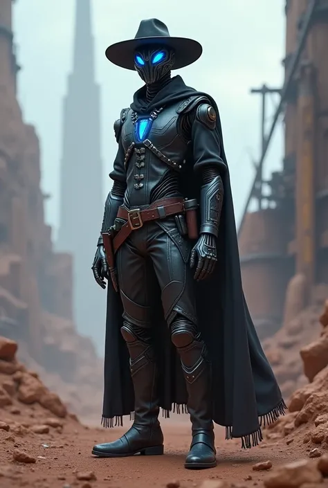 star wars robot bounty hunter around 25 years old, dressed as a sheriff with the hat and the boots, dressed in blue color