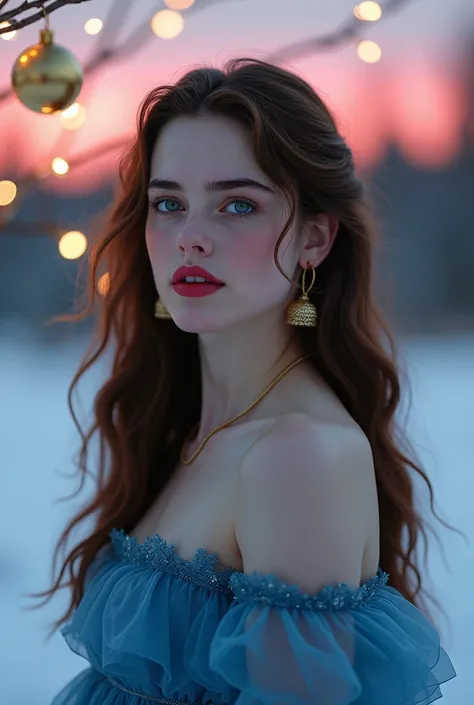 Kristen Stewart bella swan young long hair Brown waby eyes blue dress of color ful christmas ball lights and  golden christmas ball earrings with good quality red lips gold hoop earrings in  dusk snow field pink clouds 8k