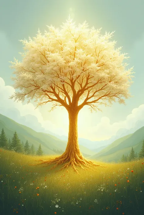 generate me a landscape illustration, compositional art style. Imagine in the middle of a meadow a leafy and beautiful tree, its bark was pure gold, leaves of a beautiful white color frosted with gold and the color of its fruits blood red.
