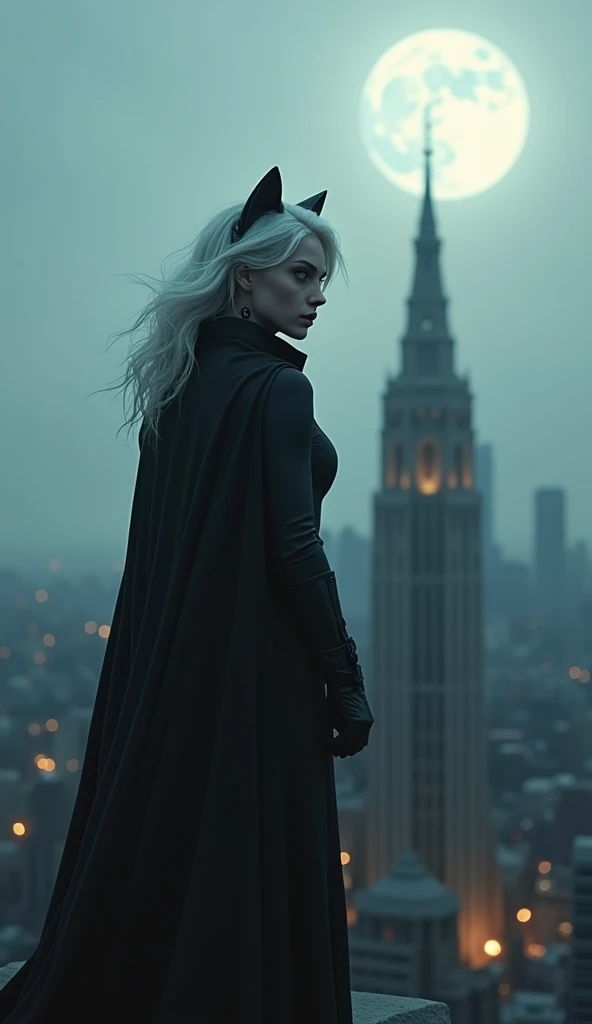  Create an image of an antihero on top of a dark cathedral,  she has a catwoman costume and is looking at the city how the movement is going, Do it in a darker vibe. The woman has white hair and has a scary face to scare anyone 