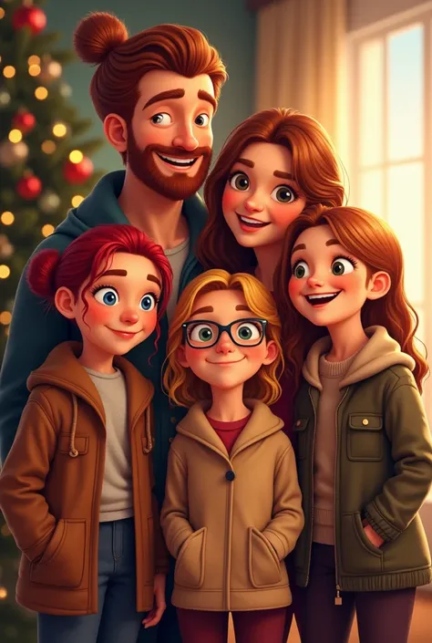 noël 
famille papa roux barbe chignon , maman châtain chignon.
3 filles adolescentes , une rousse , une blonde à lunettes et une châtain du même âge toutes les trois 
heureux image 