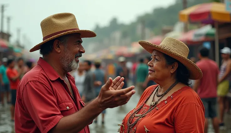  middle-aged mexican fisherman wearing red shirt with crocut hat telling story with fat mexican mom, Crowded atmosphere of people at the pier , hyper realistic