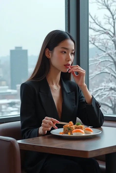 Crie: young Soo Joo ,18years old round oval face,only clear light tanned skin, blushed lip gloss, wild eyebrows, Super long straight hair, dark Bronw hair,Monolithic eyes, Freckles, glow highlighter ,full body.) Wearing a wide open black blazer, wide black...