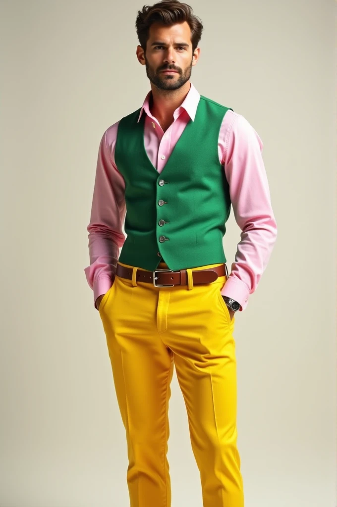 yellow pants,  light pink formal shirt and green sleeveless vest,  full body, mens and with belt 