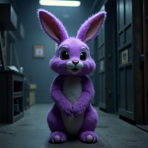 an animatronic in the shape of a violet rabbit