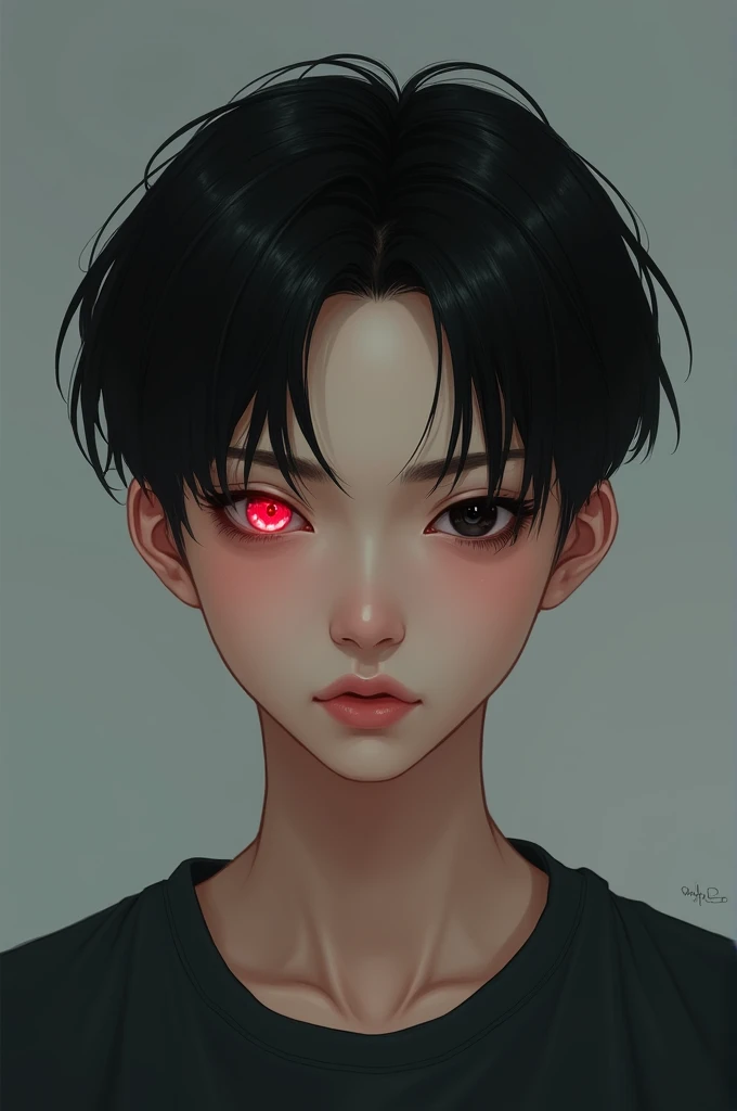 

**Description:**
Imagine an 18-year-old Asian boy, with delicate features, but striking. He has straight, black hair,  slightly messy , with bangs that partially cover his forehead. your skin is fair, with a soft peach tone.  The face is well defined , w...