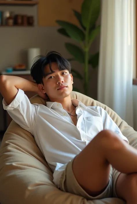 ( high quality , 4k, hdr)  A handsome young Indonesian man , 20 years old, manly,  with a typical Indonesian skin tone , with bangs , wearing a white beach shirt and beige shorts, rebahan over Bean bag in his room . (realistic,  very detailed