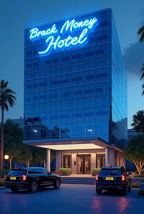 A realistic, medium-sized luxurious hotel labeled "BRACK MONEY HOTEL" in bold 3D glowing blue letters prominently displayed at the top. The building has a sleek and modern glass architecture with reflective panels. Blue lighting illuminates the exterior of...