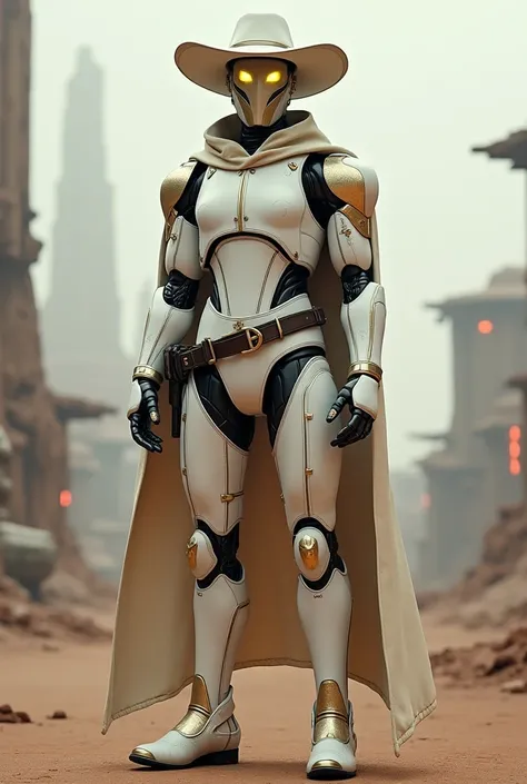 star wars robot bounty hunter around 25 years old, dressed as a sheriff with the hat and the boots, dressed in white with Gold yes, with a gold band in his right arm