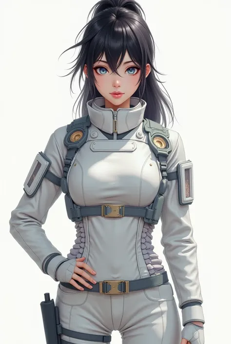 young adult female, realistic, long black hair pulled into a messy ponytail, bright blue eyes, thin eyebrows, plump pink lips, skinny, large chest, porcelain skin, dainty features, military tactical gear, white