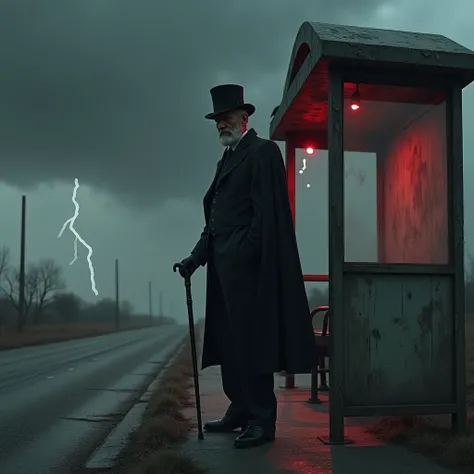 One middle aged gentleman, black Suit cape, suit pants, loafers, cylinder hat, black walking cane in hand, standing in a dark post apocaliptic bus stop on the side of road, dark clouds with some red spots , very dark lightning