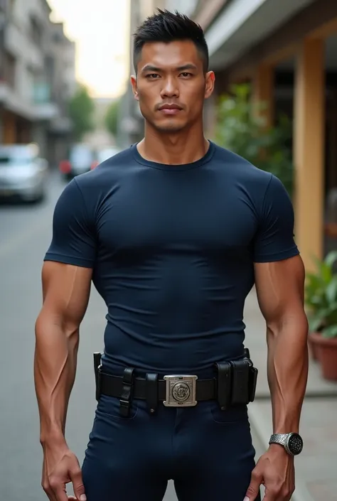 Man wearing Thai police round neck T-shirt ,  round neck fit neck shirt. , (((Big arm muscles,  tight breasts ,  Muscle Bundle, ))), ((( sports pants .  stares at the camera with a thin smile ))), (((Men with short hair))), (((, big muscles, big torso))), ...