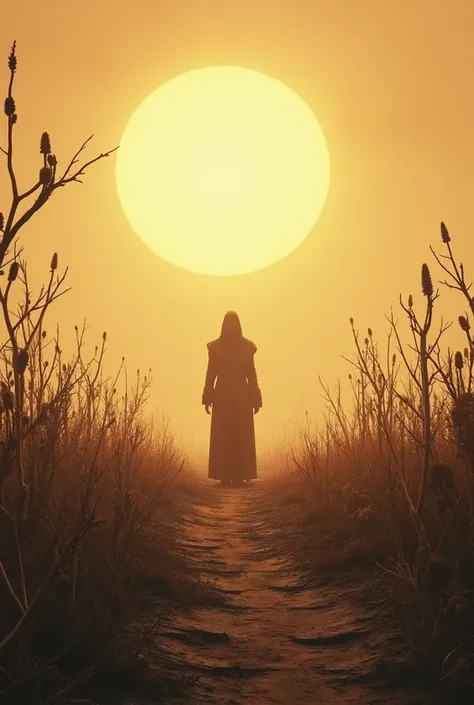 A desolate field of withered crops under a hot, harsh sun, with a lone figure in the distance, shrouded in mystery