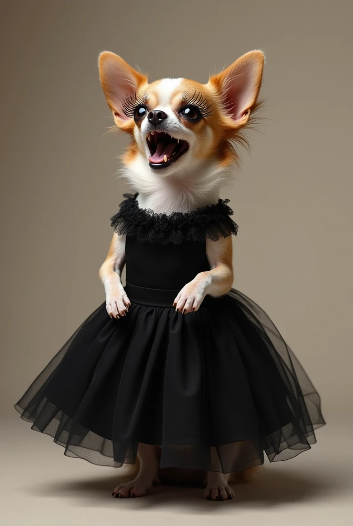 Create a chihuahua with false eyelashes and who sings opera visibly in a black dress 