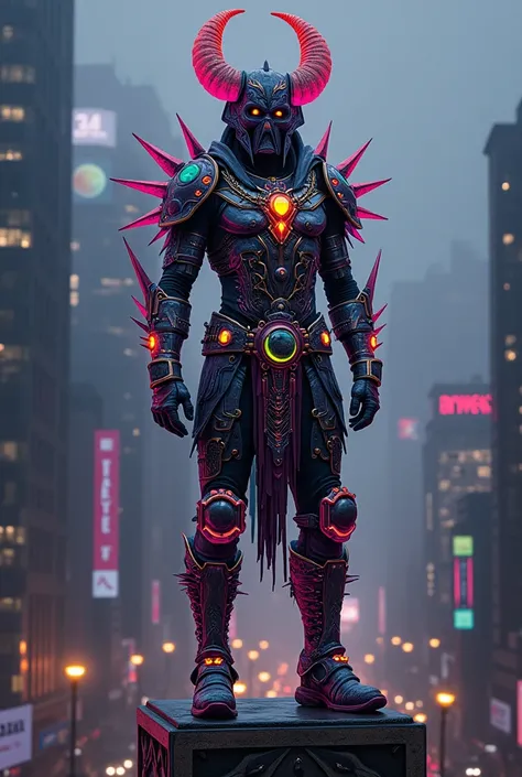 Create images of Wearing multi-colored neon  armor mummy Egyptian stylewarriors, sci-fi fantasy, with horns, spikes, fantasy, chains, skulls, fashion ornaments, standing on tall buildings.Wear fashion accessories, punk hairstyles, and fashion glasses.Decor...