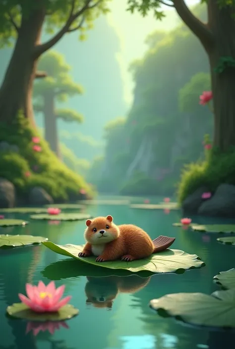  An image of the logo ,  a beaver , Resting on my stomach on a water lily leaf, in a lake , In the middle of a magical forest, in animation 