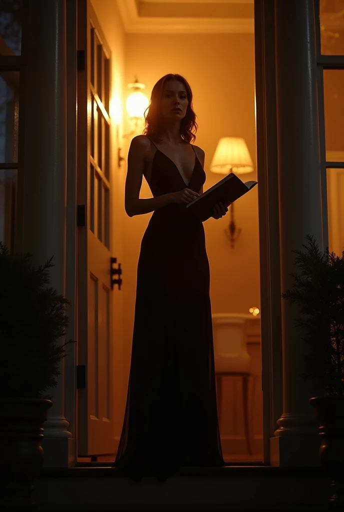 sultry woman sings carol on the doorstep, her face is illuminated by the light from the house in which the viewer is located.  She is holding a book in her hands.