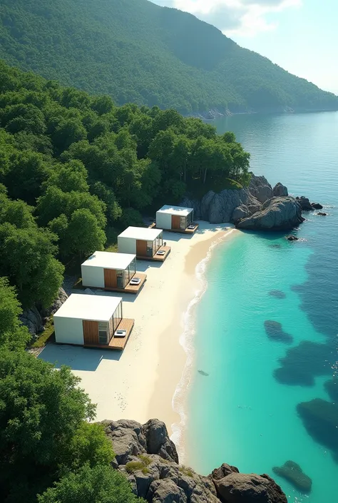  generates a beach near a forest , The crystal clear water ,  and on the beach there are modern cabins