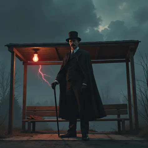 One middle aged gentleman, black moustache, black Suit cape, suit pants, loafers, cylinder hat, black walking cane in hand, standing in a dark post apocaliptic bus stop on the side of road, dark clouds with some red spots , very dark lightning