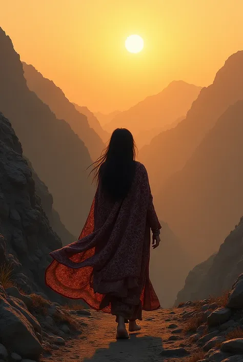 Sindhi very pretty girl  wearing sindhi ajrak whos dressing is very simple she is very Sad going to her beloved having tears in her eyes crossing hard mountains which the sun is setting gernate picture 