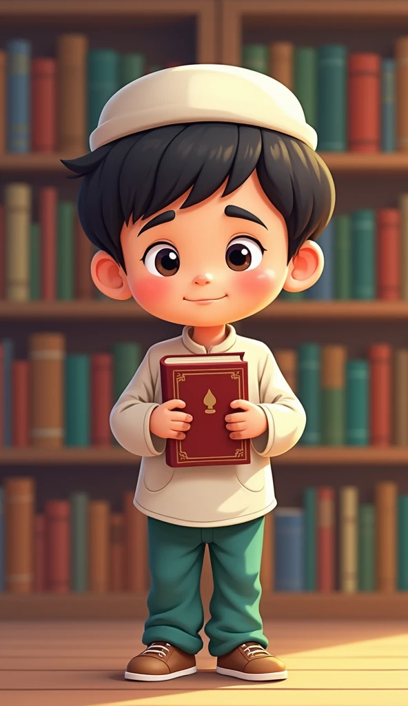 "A cartoon of an Islamic boy named Omar, around , wearing a casual shirt and pants with a cap. He is holding a Quran in his hands, looking peaceful and focused. He stands in front of a library filled with books, symbolizing his love for learning. The image...