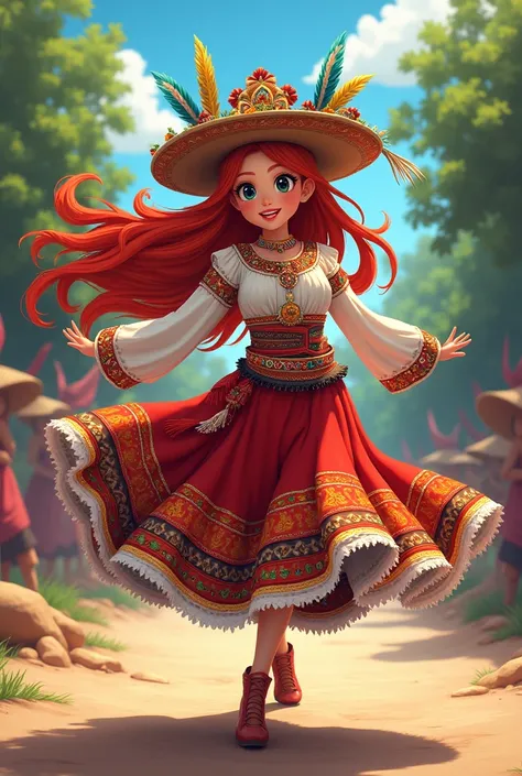  Do a dancer from Tinkus cultural dance of Bolivia , With her costume a long sleeve dress ,  with a knee-length skirt with embroidery and details of Bolivian Aguayo,  with a hat containing feathers , mirrors and Bolivian crafts .  that has red hair black e...