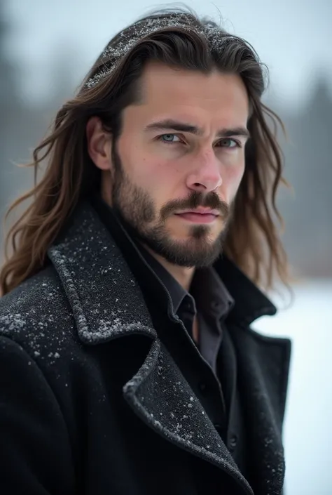 Handsome Caucasian man with very long dark brown hair. Very handsome, penetrating gaze, has a budding beard. Muscular. Victorian era: September, with the backdrop of snowy fields, mild winter, harmony of nature, dazzling beauty, slight sadness.