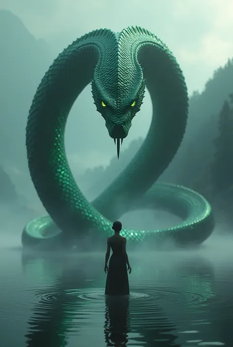 Lake Snake Deity, with scales as black as the night and eyes as bright as emeralds, facing a brave and curious   
