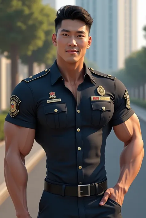 Korean Man Wearing Thai Police Round Neck T-Shirt ,  round neck fit neck shirt. , (((Big arm muscles,  tight breasts ,  Muscle Bundle, ))), ((( sports pants .  stares at the camera with a thin smile ))), (((Men with short hair))), (((, big muscles, big tor...