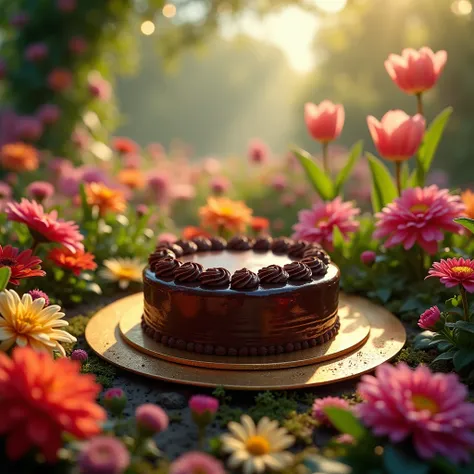 
“A rich and decadent chocolate cake with smooth frosting and intricate decorative details, placed on an elegant golden plate. The cake is surrounded by a vibrant, colorful garden filled with blooming flowers in various shades, including roses, tulips, and...