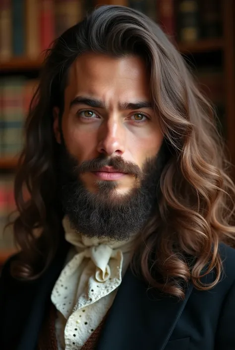 Handsome Caucasian man with very long brown hair. Very handsome, penetrating gaze, has a budding beard. Muscular. Victorian era: September, with an elegant library as a backdrop, wood colors, mild winter, harmony of nature, dazzling beauty, slight sadness.