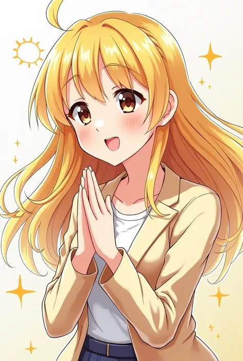  In a manga style , A blonde with brown eyes smiles while bowing her head.