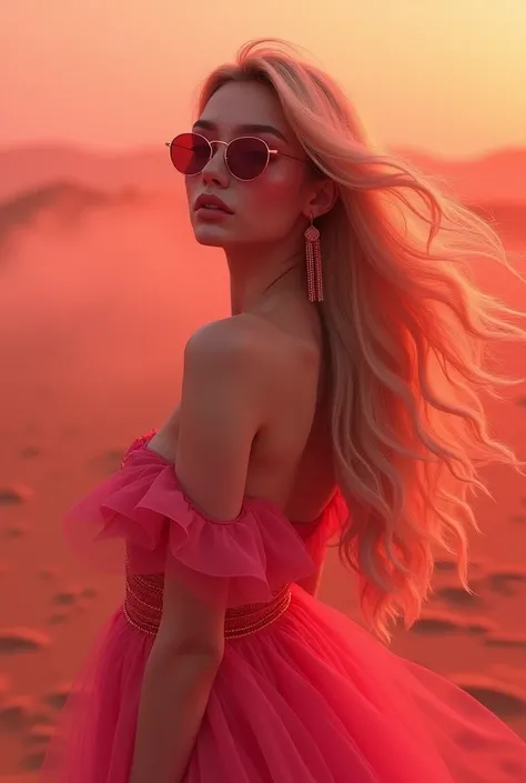 blond woman in a pink dress and sunglasses posing for a picture, a photo inspired by Lily Delissa Joseph, tumblr, rococo, imvu, second life avatar, in a red dream world, secondlife, ethereal hair, glamor profile pose, (((mist))), in a dusty red desert, lon...