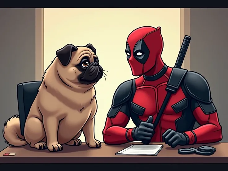 deadpool y dogpool (perro cruce de pug con crestado chino) en un podcast