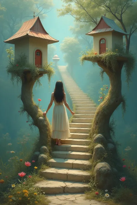 painting of a woman with a birdhouse and stairs leading to a staircase, dreamlike surrealism, beautiful surreal portrait, surreal art, surreal and fantasy art, emotional surrealist art, 4 k surrealism, surrealistic digital artwork, fantasy surrealism, surr...