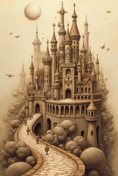 Create a realistic sketch of a fantasy world city in the style of pyrography with sepia colors and contours 