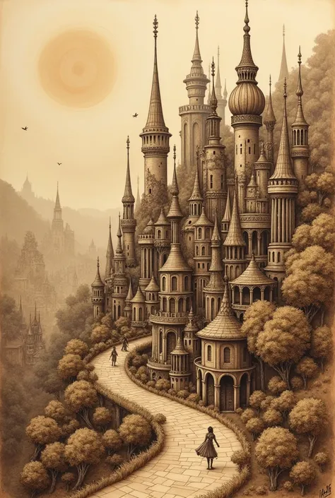 Create a realistic sketch of a fantasy world city in the style of pyrography with sepia colors and contours 